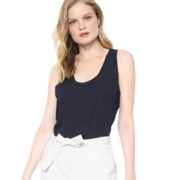 Banana Republic Sleeveless Blouse Navy Blue XS Petite Picot Trim Officecore - Picture 5 of 11